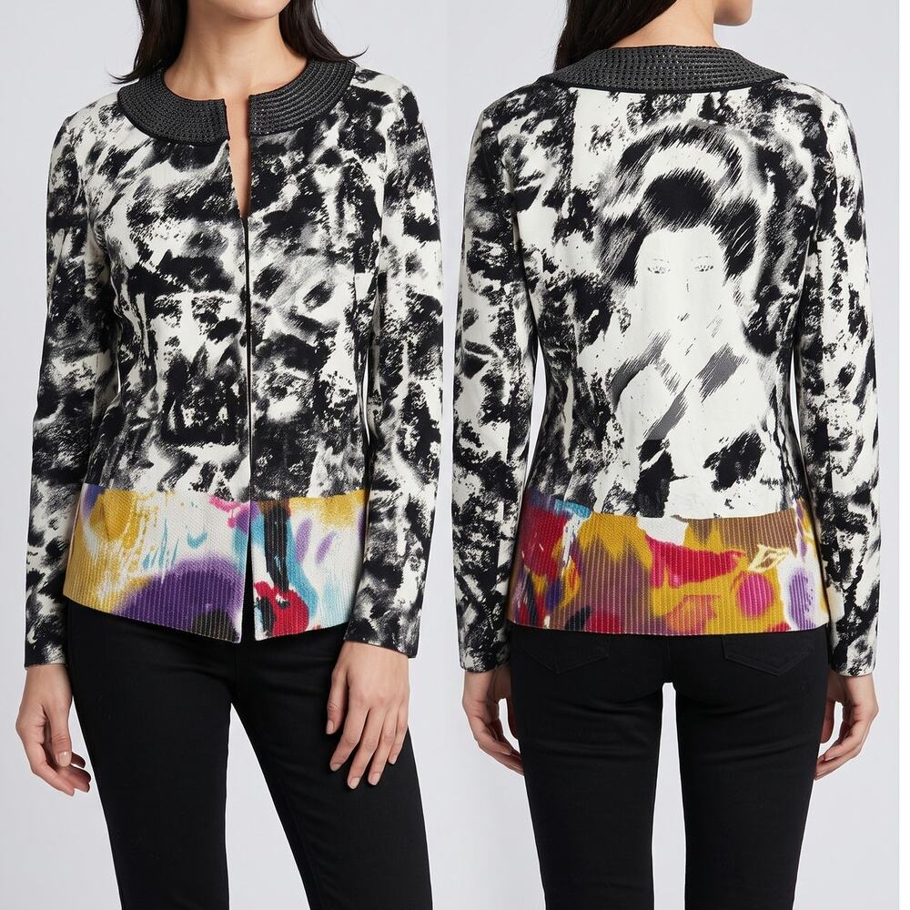 Chico's Size 0 Small Black White Sequin Jacket Geisha Face Graphic on Back